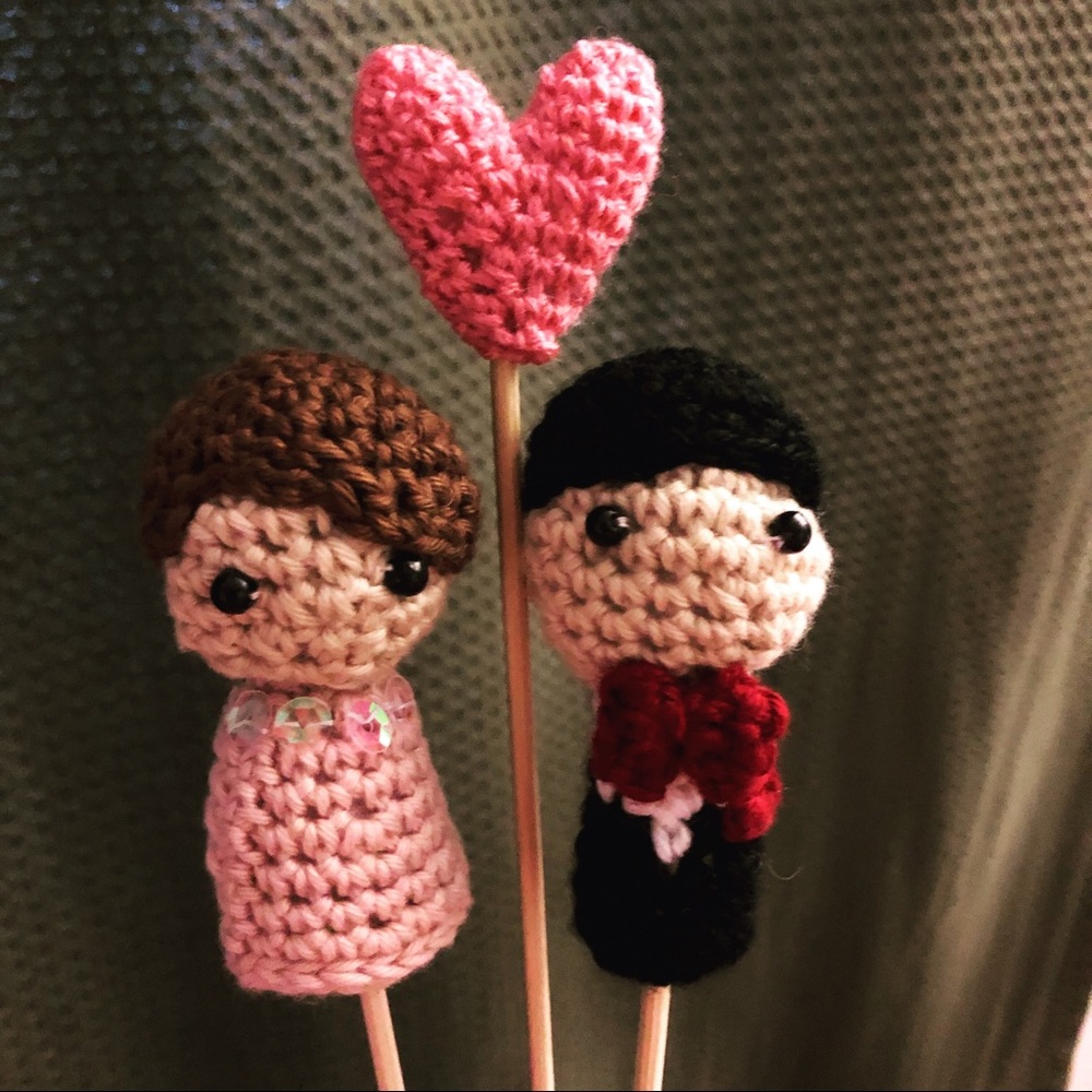 All hand crocheted wedding cake toppers